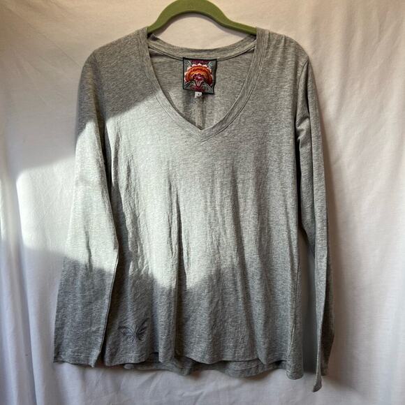 NWT Johnny Was Long Sleeve Grey Tee Embroidered Buttferfly - Picture 1 of 6